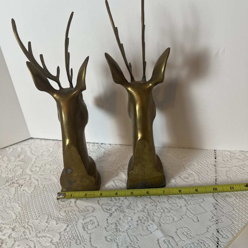 MCM Stag Brass Book Ends Vintage Deer Brass Heads Library Lodge Hunting 12" Tall - Picture 6 of 6